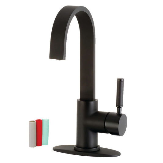 Kingston Brass LS8618DKL Kaiser Single-Handle Bar Faucet with high-arc spout and minimalist design. Left side view.