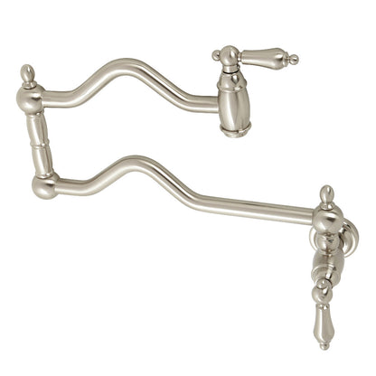Kingston Brass KS2107AL Heritage Wall Mount Pot Filler Faucet, Brushed Brass with foldable swing arms and brushed nickel finish.