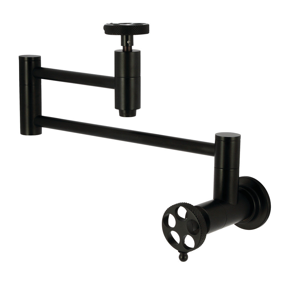 Kingston Brass KS8103RKX Webb Wall Mount Pot Filler Faucet with Knurled Handle, Antique Brass in matte black finish