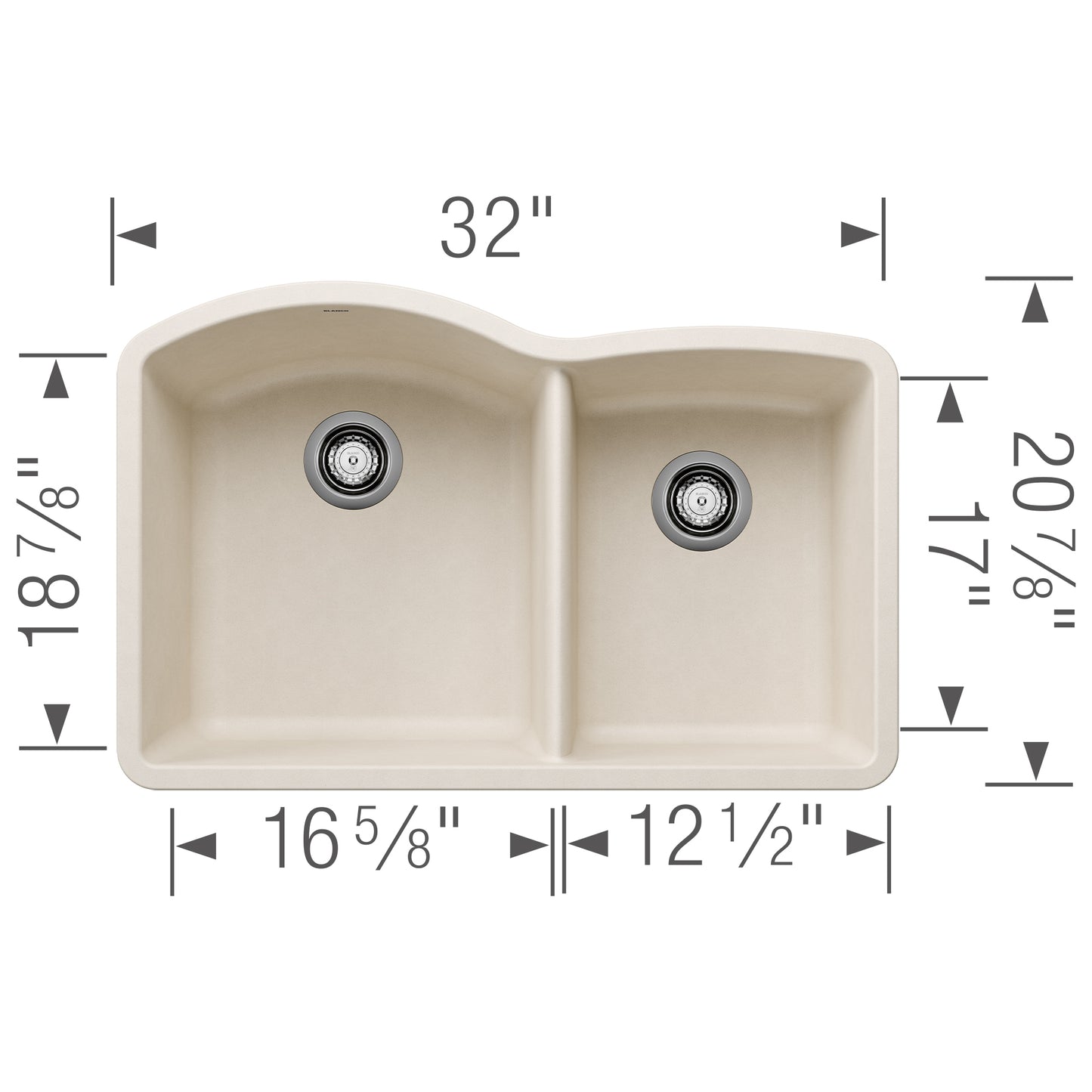 BLANCO Diamond SILGRANIT 32" 60/40 Double Bowl Undermount Kitchen Sink with dimensions and design details.