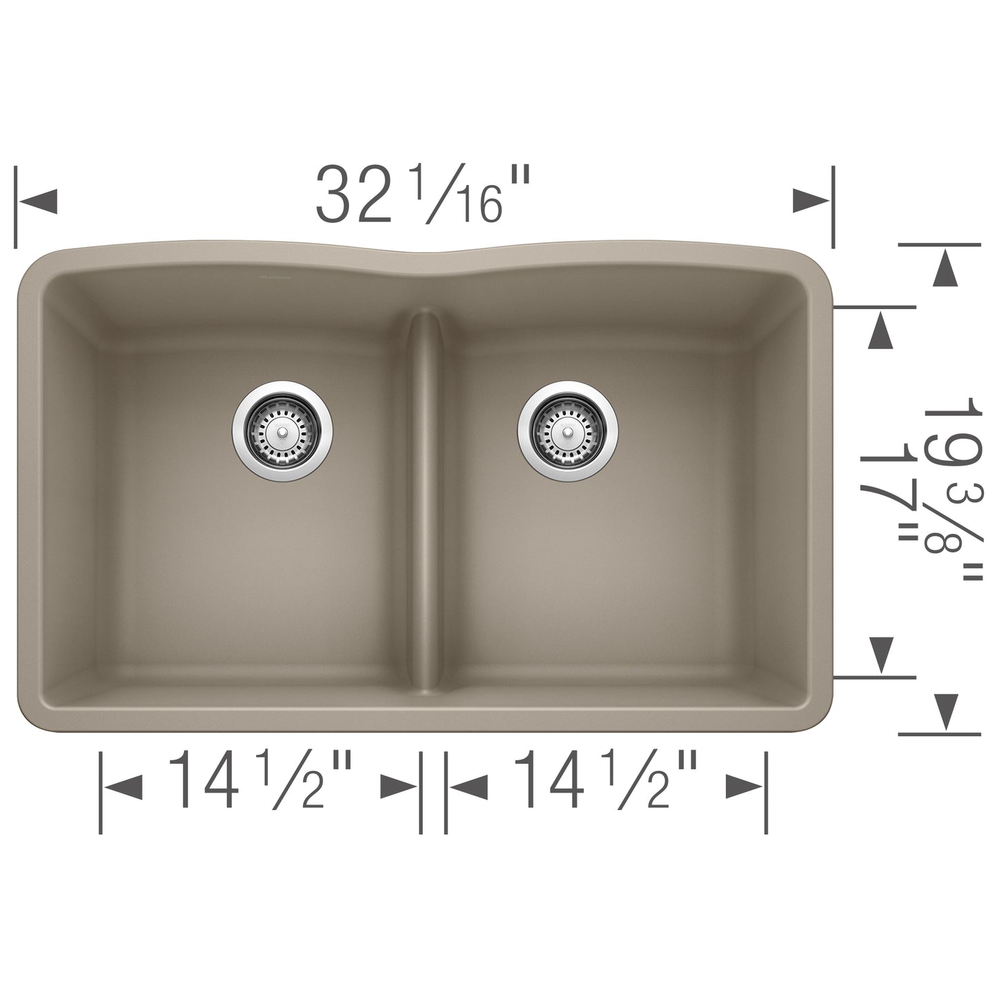 BLANCO Diamond SILGRANIT 32" 50/50 Double Bowl Undermount Kitchen Sink with Low Divide dimensions and design.