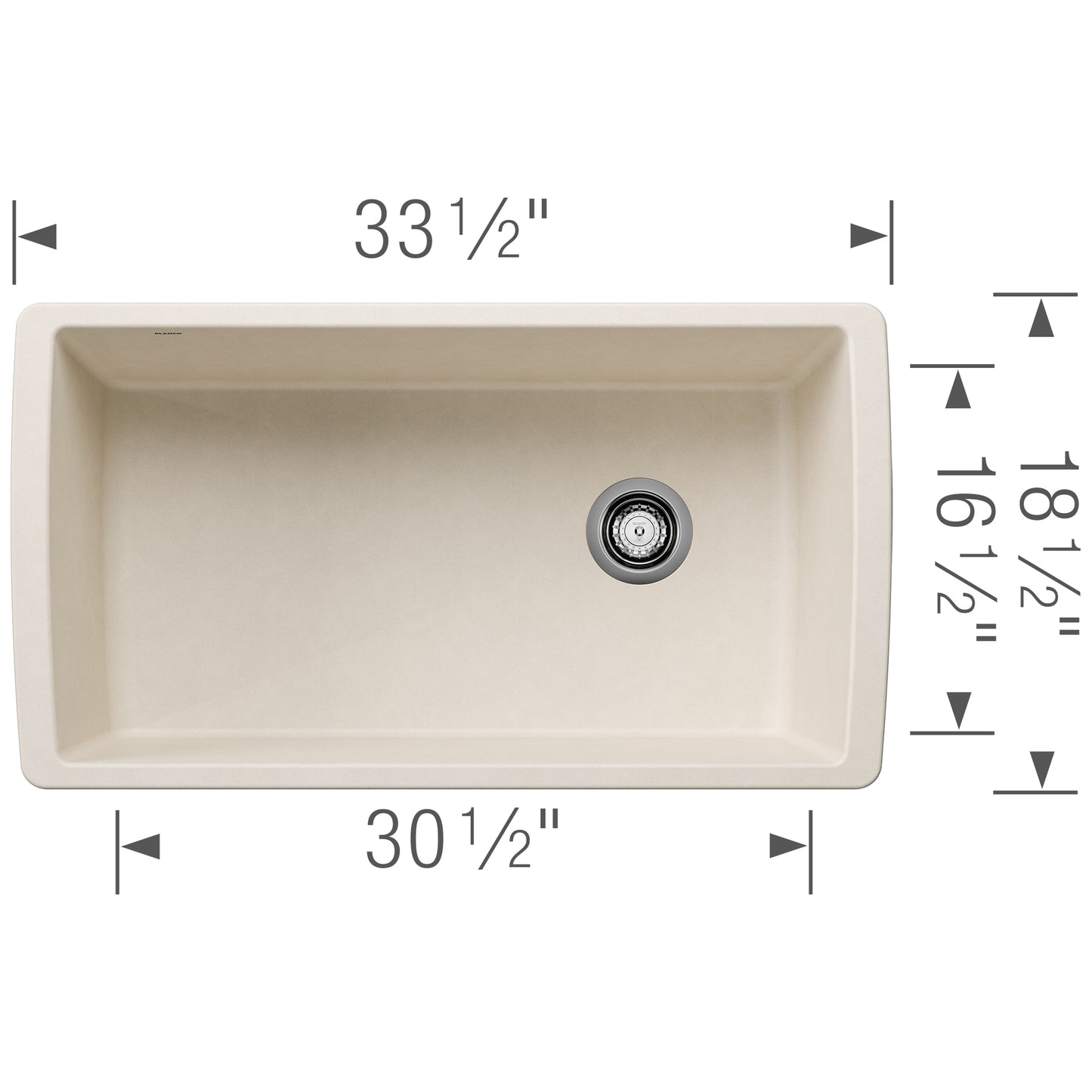 BLANCO Diamond SILGRANIT 33" Super Single Undermount Kitchen Sink dimensions with measurements shown.