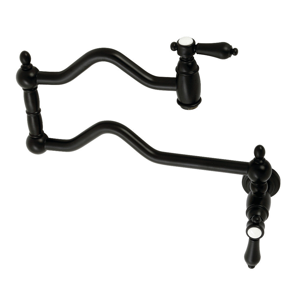 Kingston Brass KS2107BAL Heirloom Wall Mount Pot Filler Faucet, Brushed Brass with foldable swing arms in matte black.