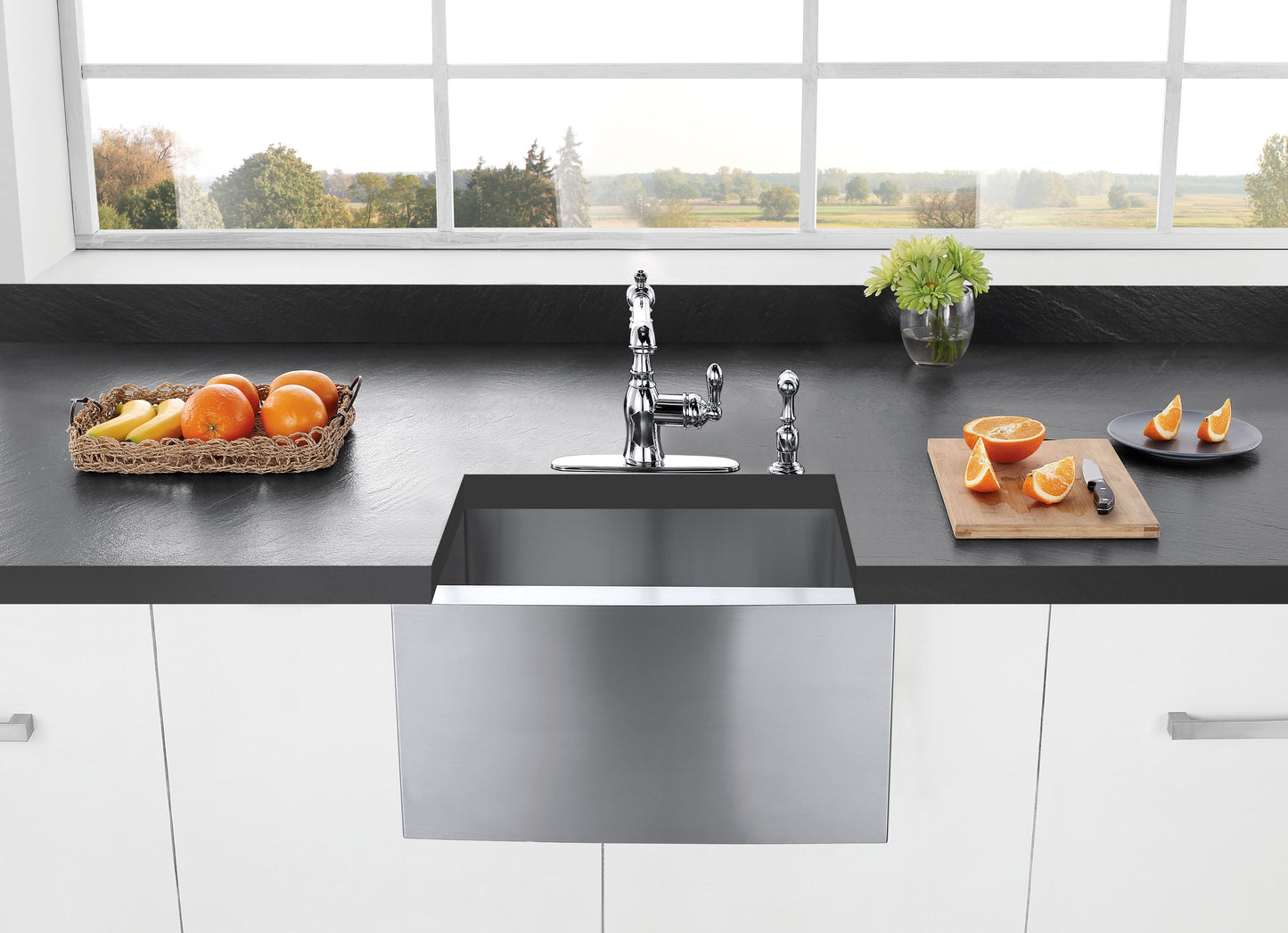 Gourmetier GSY7208ACLBS American Classic Single-Handle Kitchen Faucet with Brass Sprayer, Brushed Nickel installed in a modern kitchen.