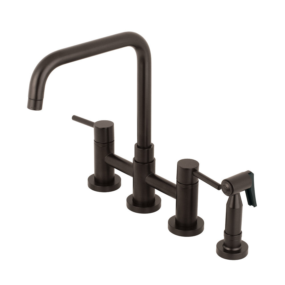 Kingston KS8287DLBS Concord Bridge Kitchen Faucet with Brass Sprayer, Brushed Brass in Oil Rubbed Bronze finish.