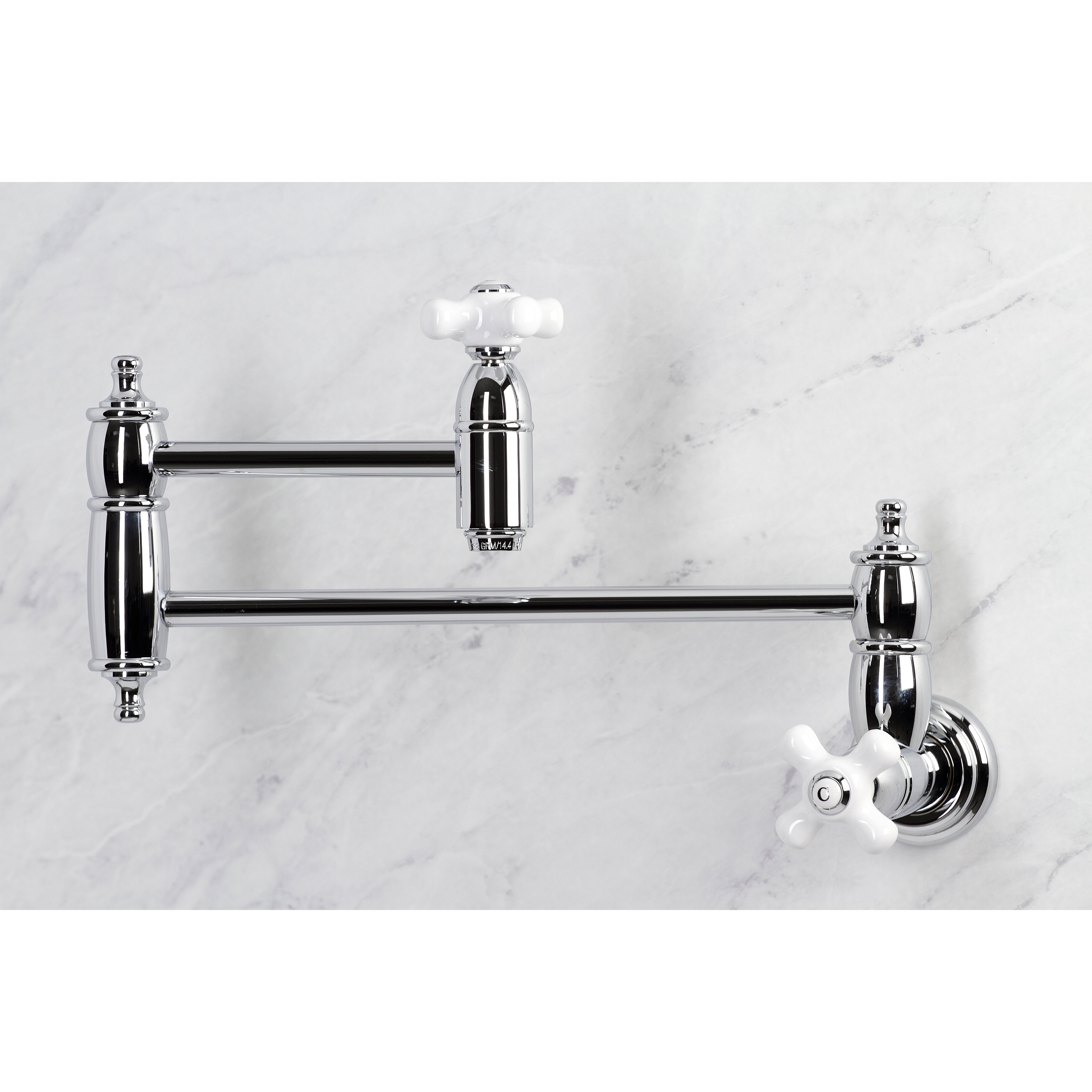 Kingston Brass KS310PXAC Restoration Wall Mount Pot Filler Faucet, Antique Copper on marble background