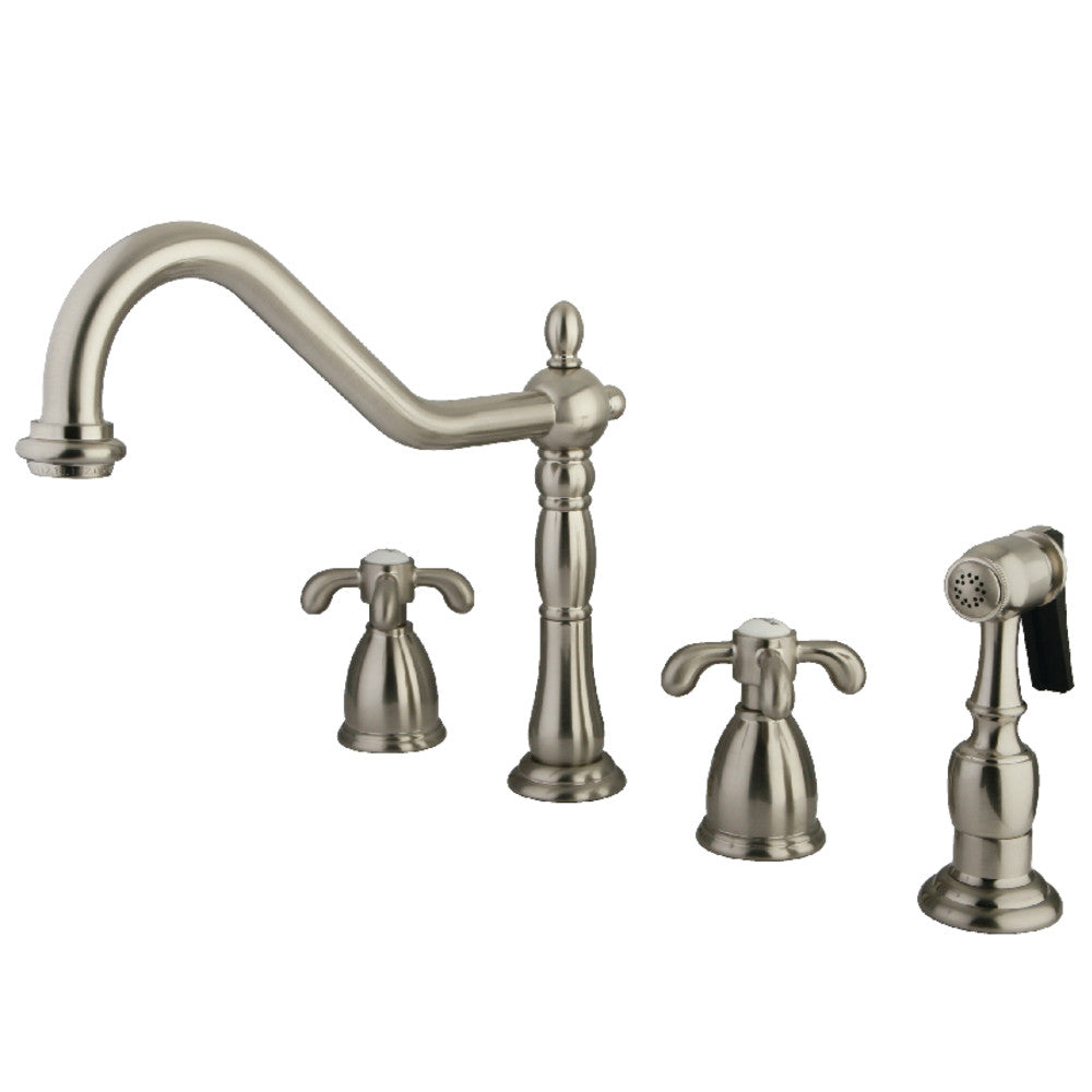 Kingston Brass KB1793TXBS French Country Double-Handle Widespread Kitchen Faucet with Brass Sprayer, Antique Brass