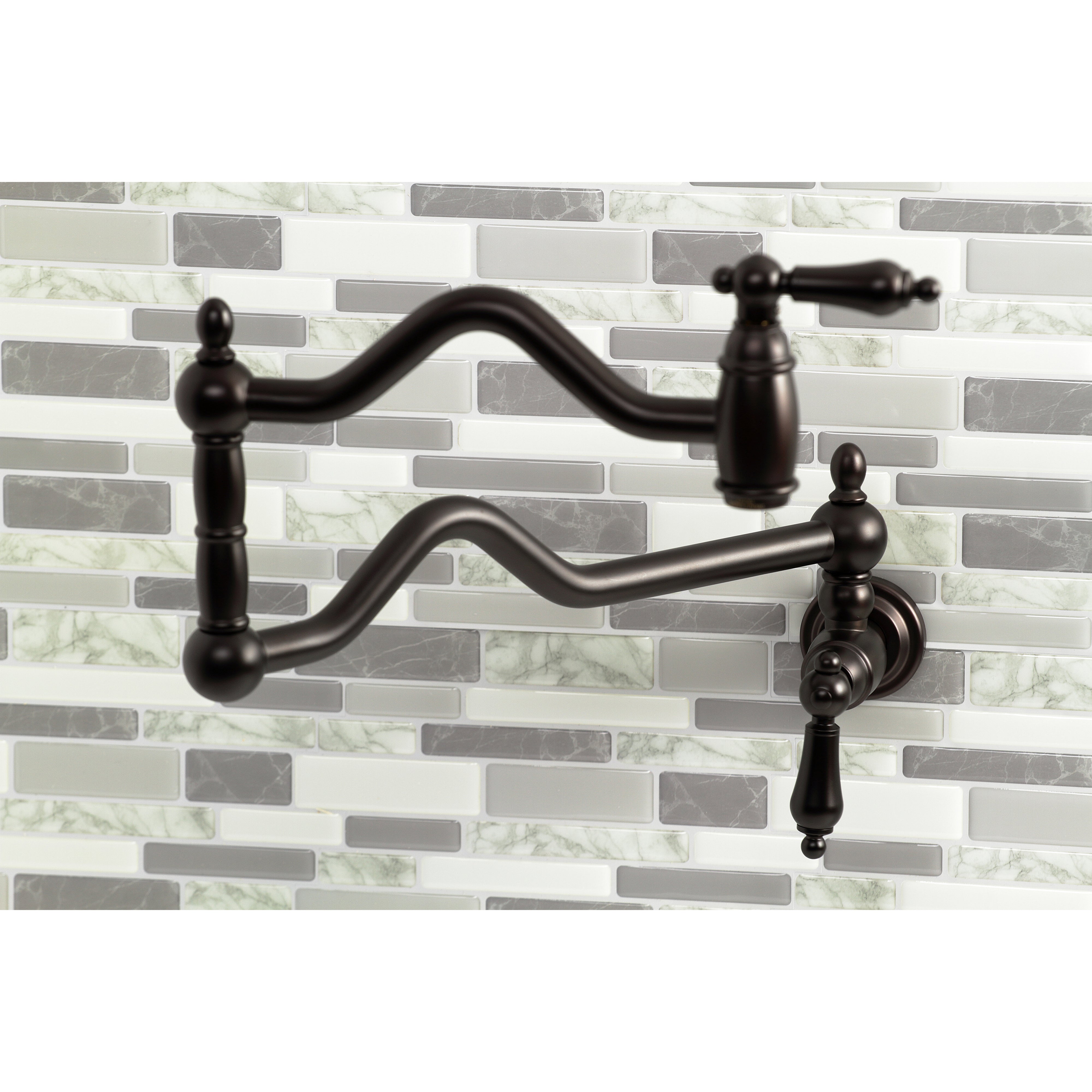 Kingston Brass KS2107AL Heritage Wall Mount Pot Filler Faucet, Brushed Brass on a stylish kitchen backsplash.