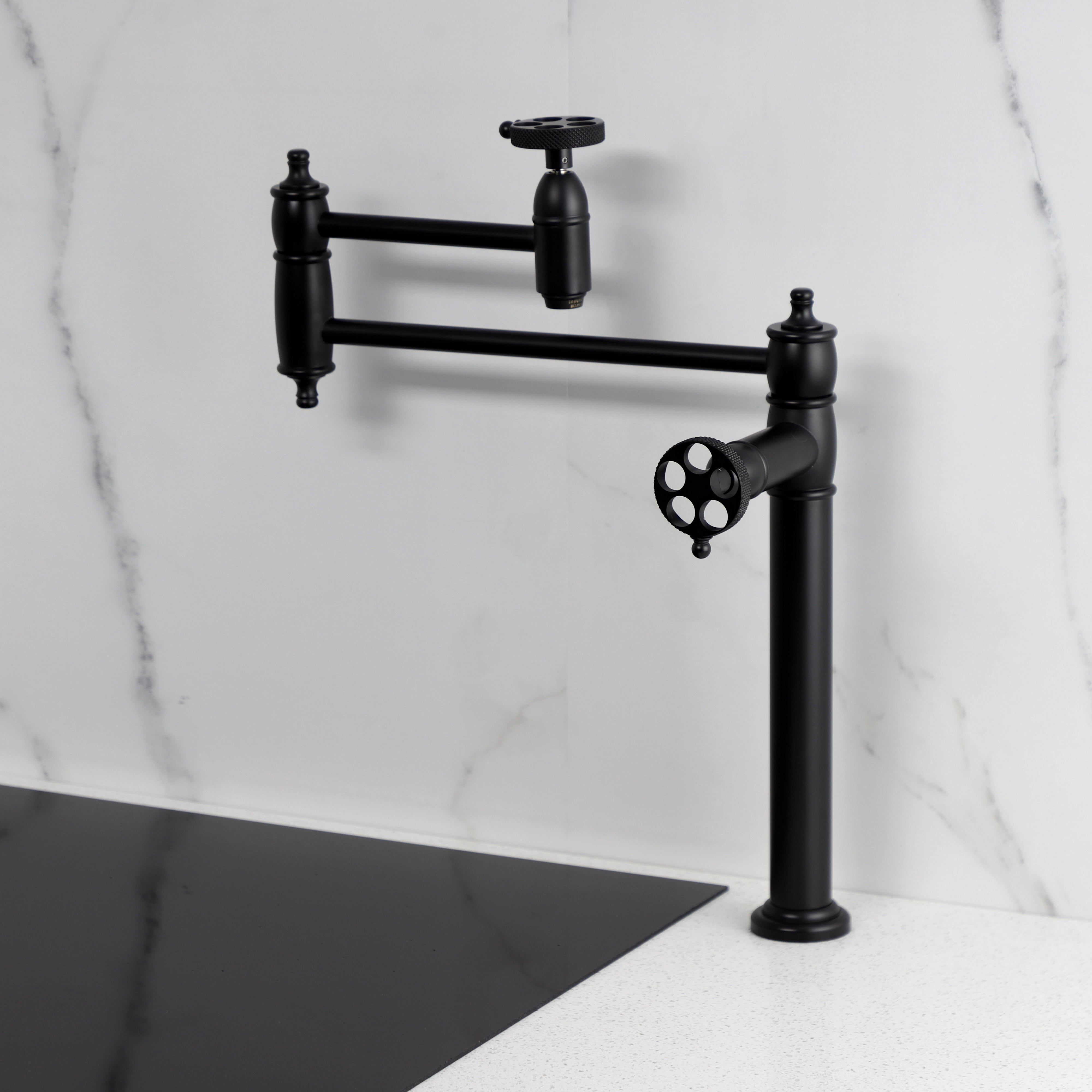 Kingston Brass KS3703RKX Webb Deck Mount Pot Filler Faucet with Knurled Handle, Antique Brass