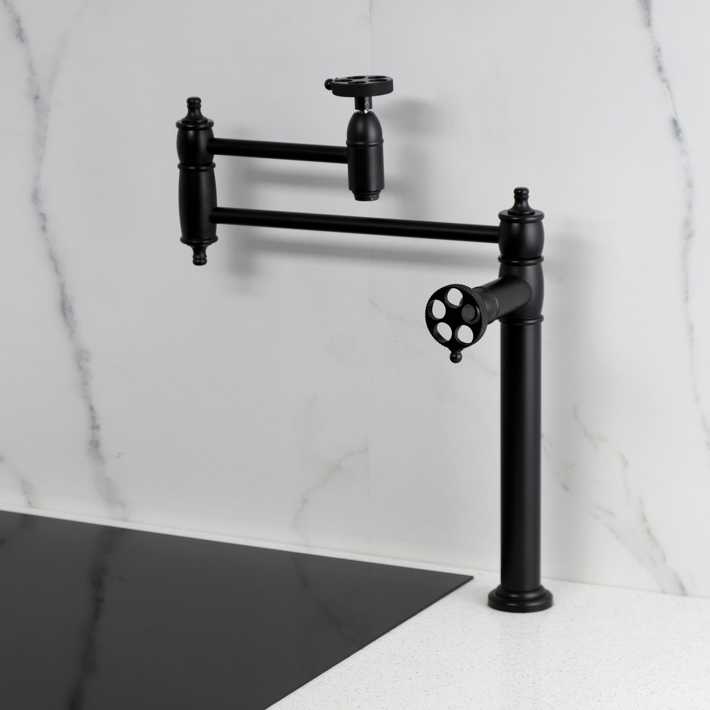 Kingston Brass KS3703RKX Webb Deck Mount Pot Filler Faucet with Knurled Handle, Antique Brass