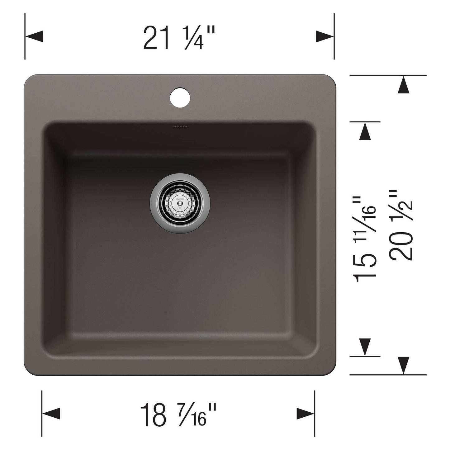 BLANCO Liven SILGRANIT 21" Single Bowl Dual Mount Kitchen Sink dimensions and design layout.