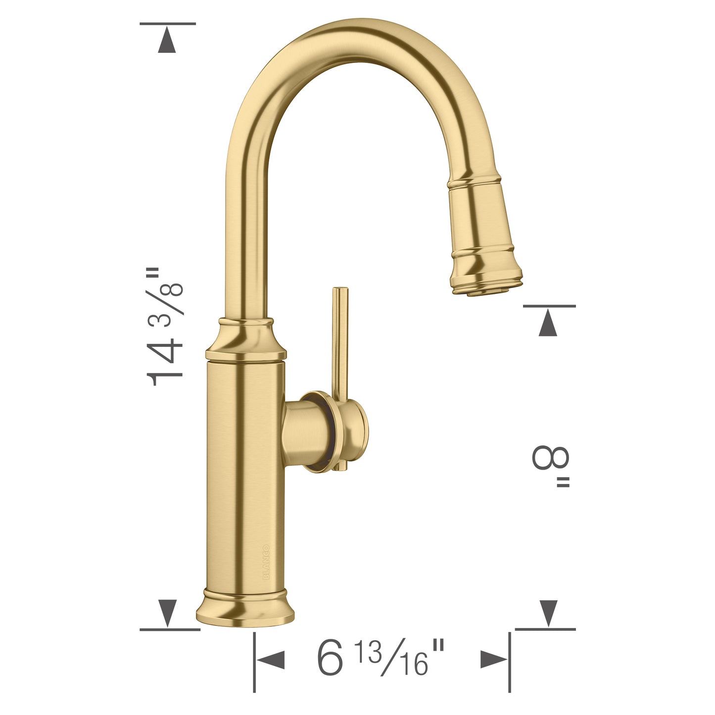 BLANCO Empressa Pull-Down Bar Faucet with vintage wine press design, dimensions 14.3 inches height, 6.8 inches width.