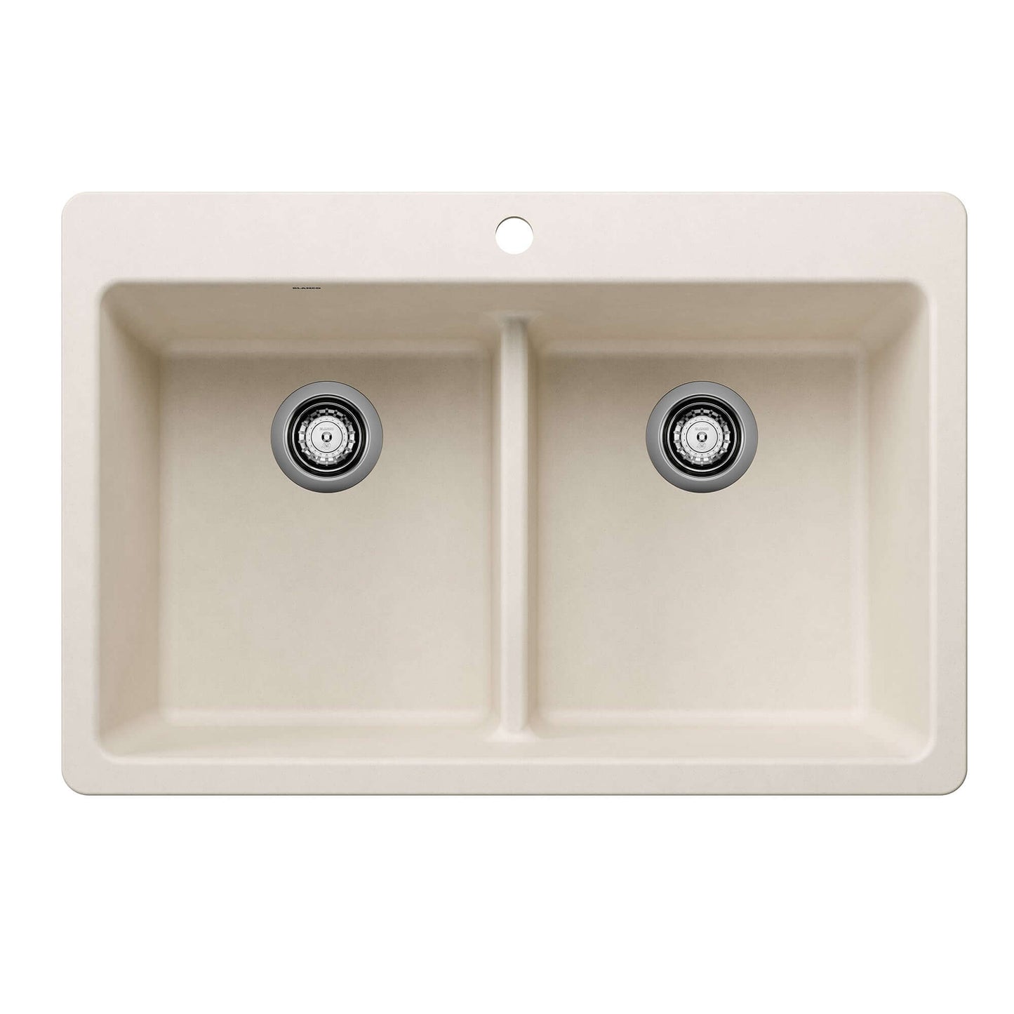BLANCO Liven SILGRANIT 33" 50/50 Double Bowl Dual Mount Kitchen Sink with Low Divide in a neutral color.