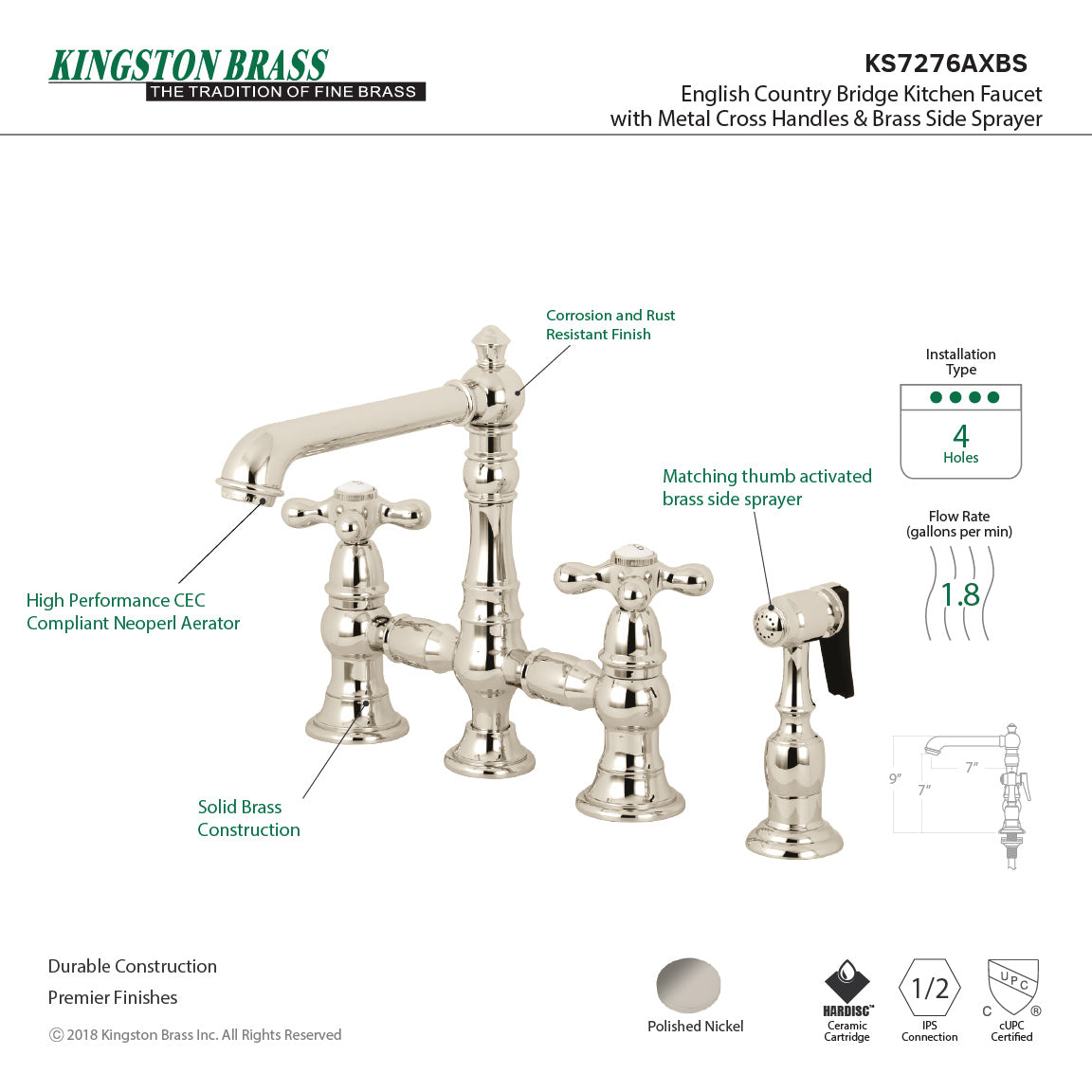Kingston KS7277AXBS English Country Bridge Kitchen Faucet with Brass Sprayer, Brushed Brass in polished nickel finish