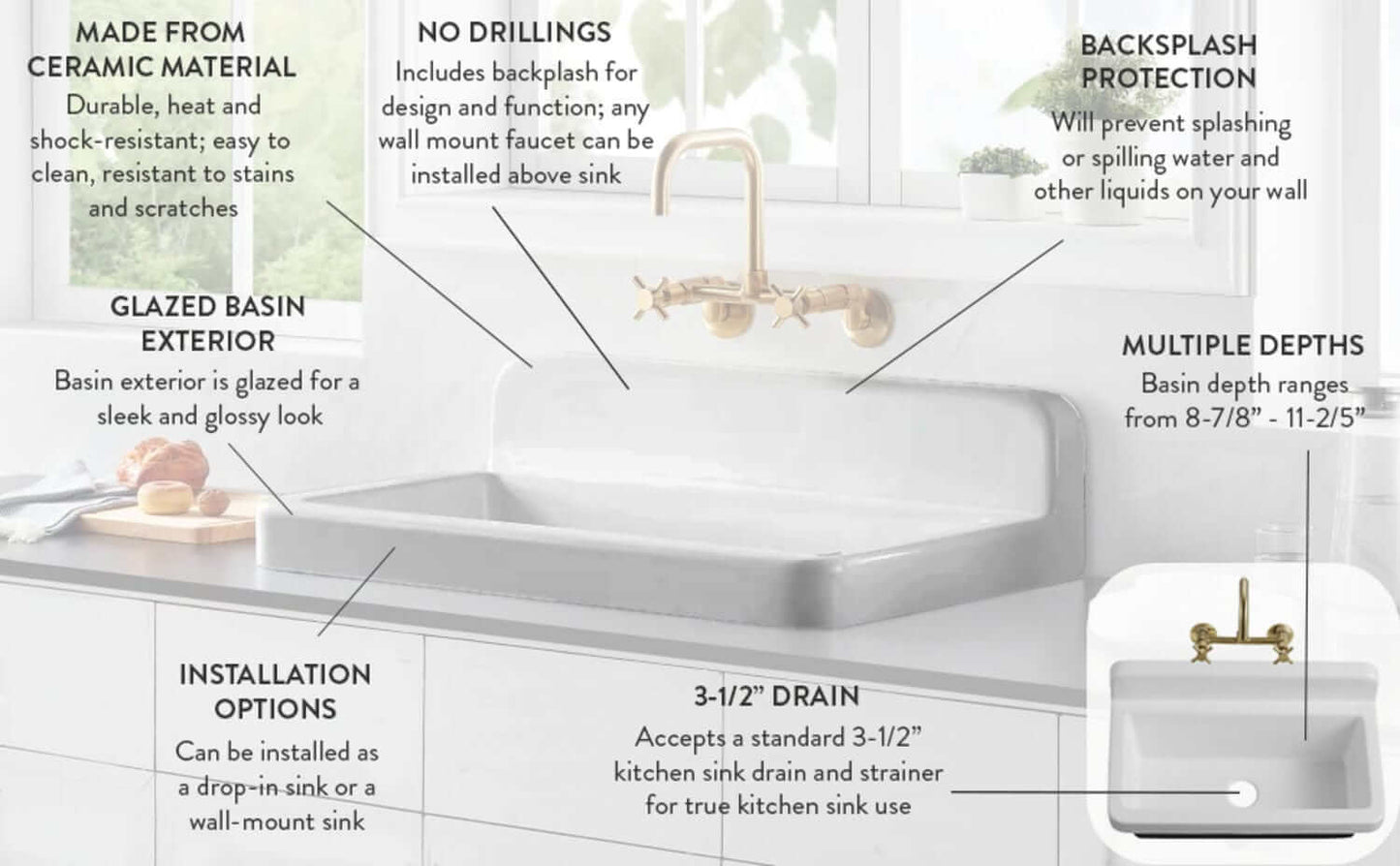 KINGSTON Brass Gourmetier 22" Ceramic Wall Mount Utility Sink - White