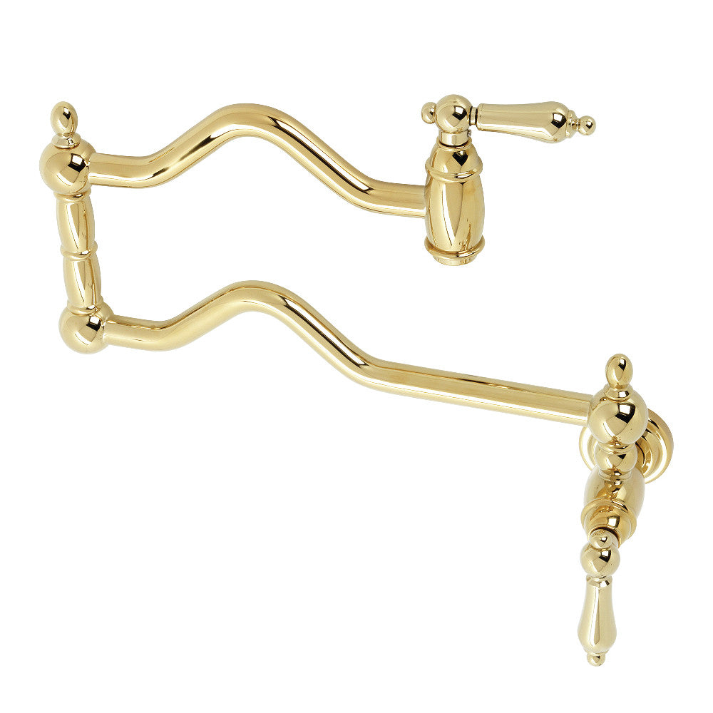 Kingston Brass KS2107AL Heritage Wall Mount Pot Filler Faucet, Brushed Brass showcasing elegant design and foldable swing arms.