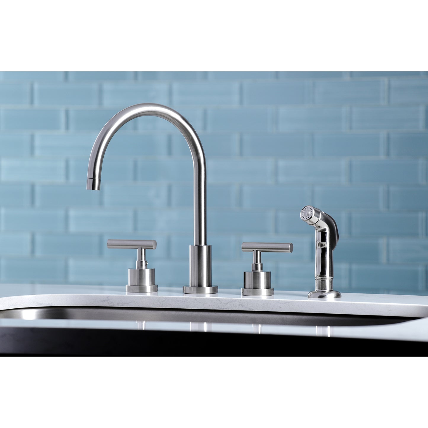 Kingston Brass KS8728CML Manhattan Double-Handle Widespread Kitchen Faucet with Plastic Sprayer, Brushed Nickel
