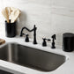 Kingston Brass KB1797TALBS Tudor Double-Handle Widespread Kitchen Faucet with Brass Sprayer, Brushed Brass in a modern kitchen setting.