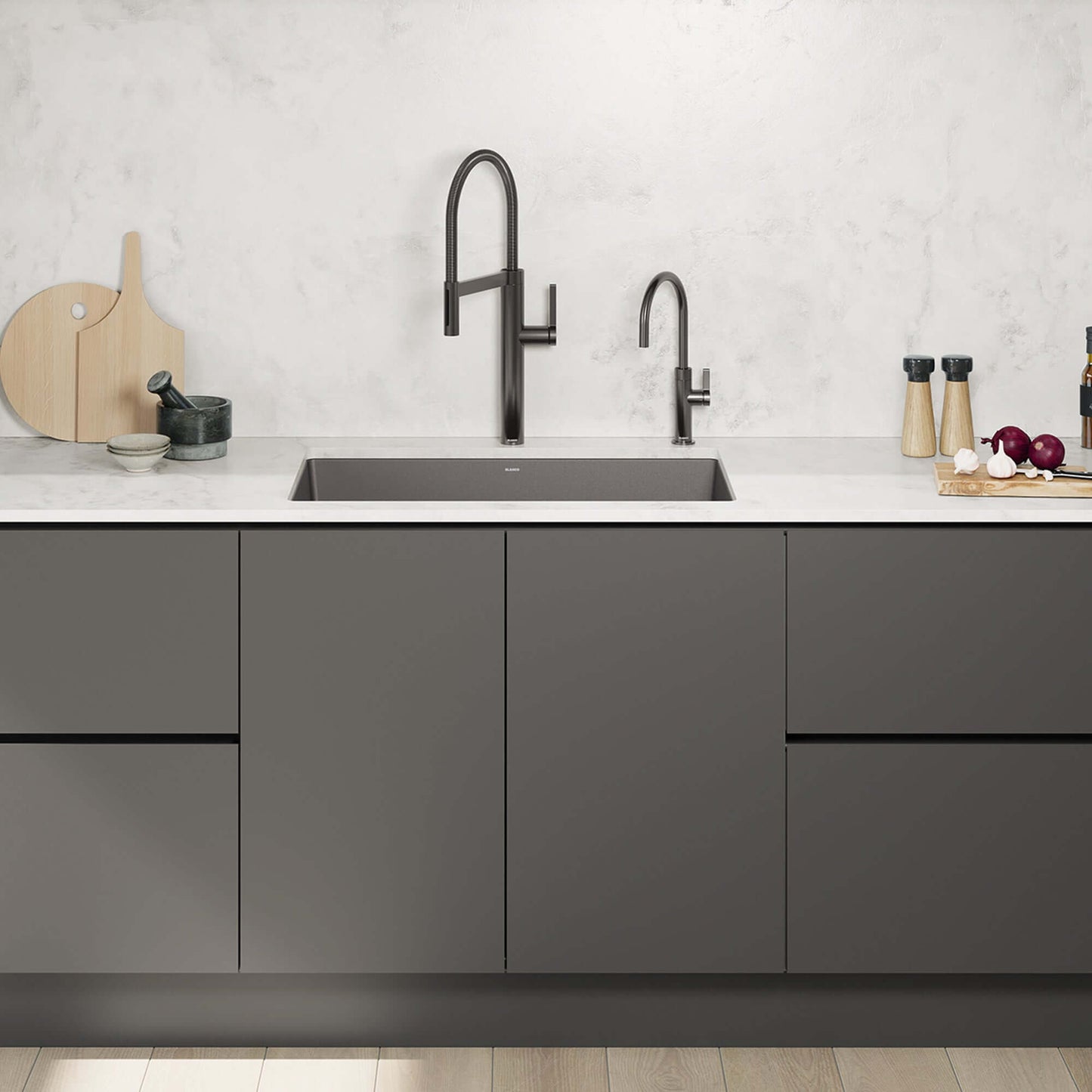 BLANCO Culina II High Arc Beverage Faucet Compatible with Reverse Osmosis Systems in modern kitchen with dark cabinetry.