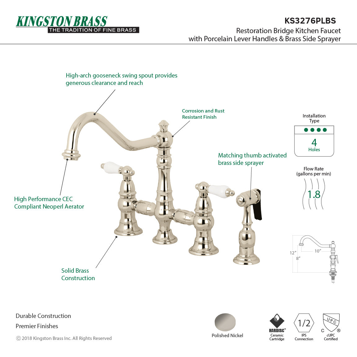 Kingston KS3277PLBS Restoration Bridge Kitchen Faucet with Brass Sprayer, Brushed Brass kitchen fixture design.