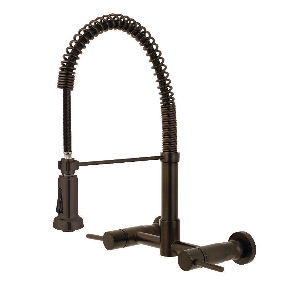 Gourmetier GS8187DL Concord Double-Handle Wall-Mount Pre-Rinse Bridge Kitchen Faucet, Brushed Brass in Oil Rubbed Bronze finish.