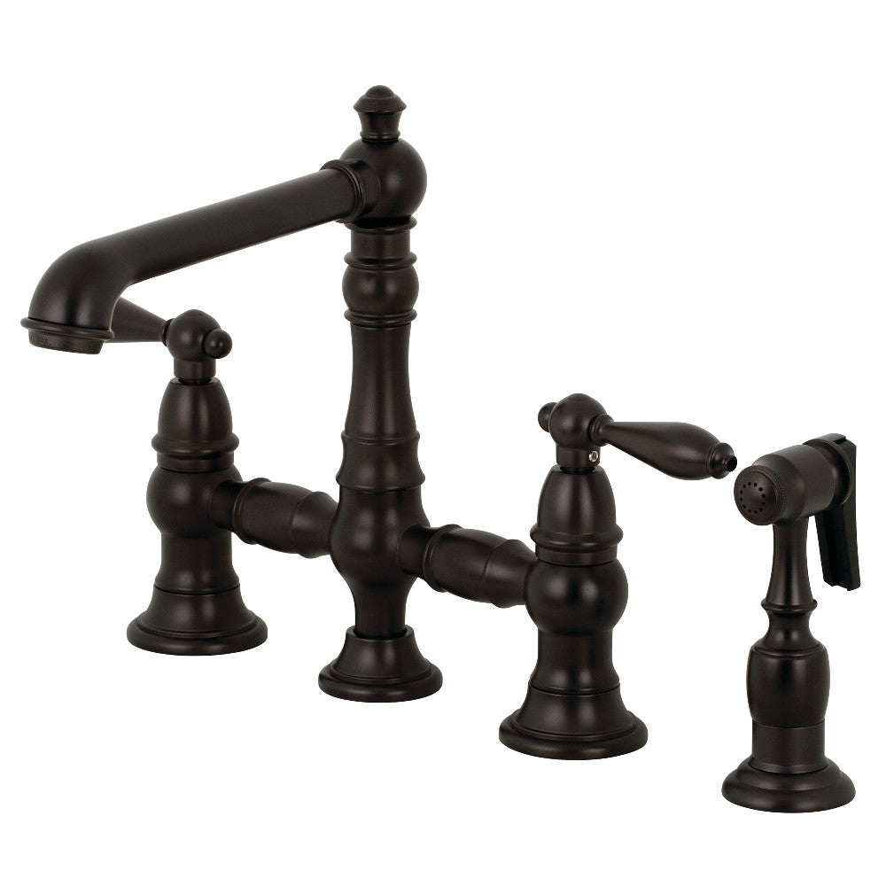 Kingston KS7277ALBS English Country Bridge Kitchen Faucet with Brass Sprayer, Brushed Brass in Oil Rubbed Bronze finish.