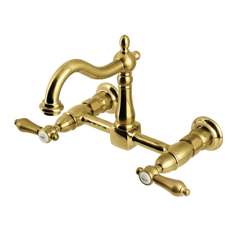Kingston KS1263BAL Heirloom Two-Handle Wall Mount Bridge Kitchen Faucet, Antique Brass with brushed brass finish.