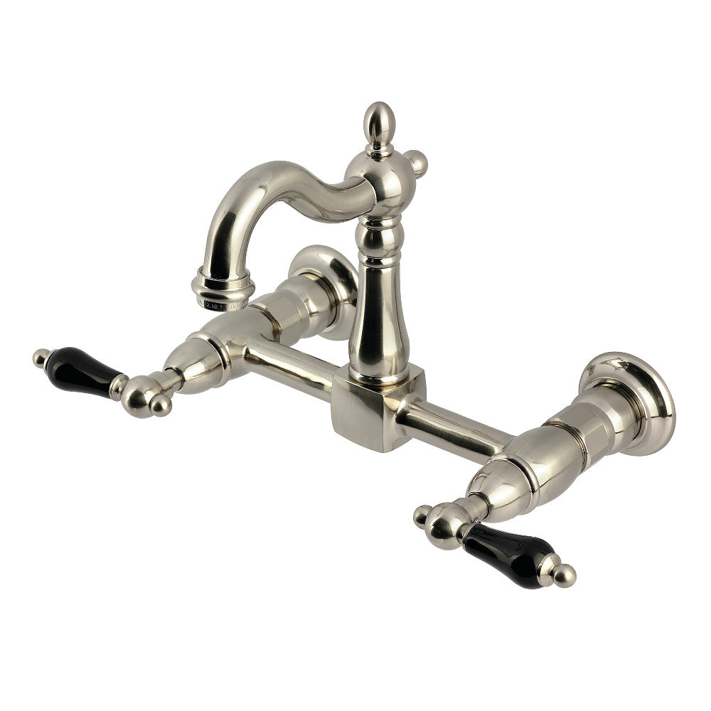 Kingston KS2443PKL Duchess Two-Handle Wall Mount Bridge Kitchen Faucet, Antique Brass with black handles