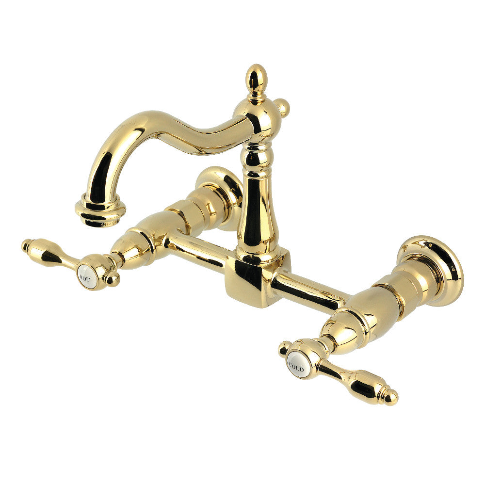 Kingston KS1263TAL Tudor Two-Handle Wall Mount Bridge Kitchen Faucet, Antique Brass with elegant vintage design.