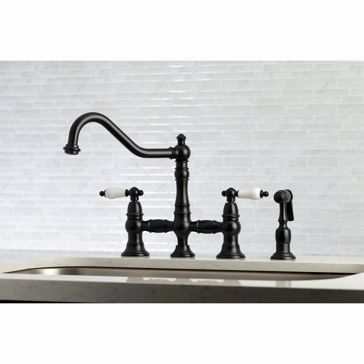 Kingston KS3277PLBS Restoration Bridge Kitchen Faucet with Brass Sprayer, Brushed Brass in a classic kitchen setting.