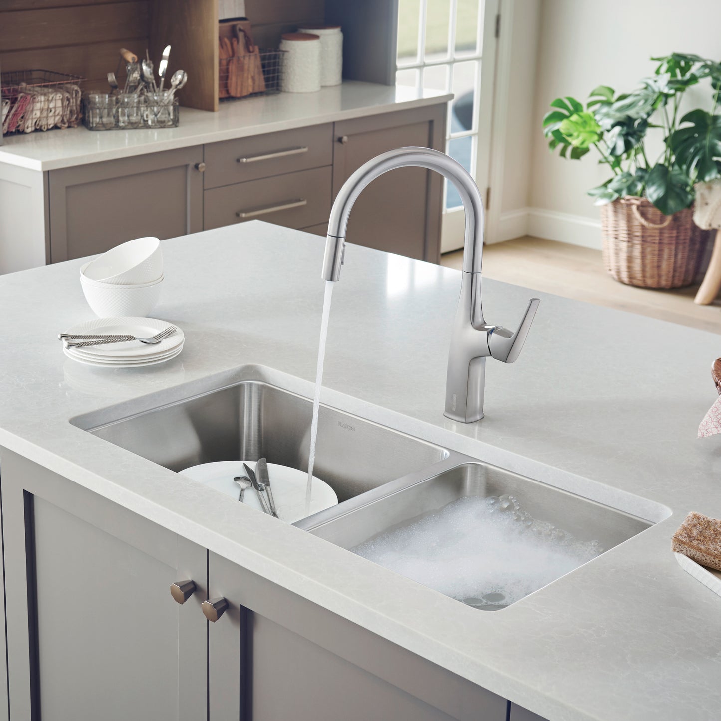BLANCO Formera 33" 60/40 Double Bowl Undermount Stainless Steel Kitchen Sink in modern kitchen with faucet.