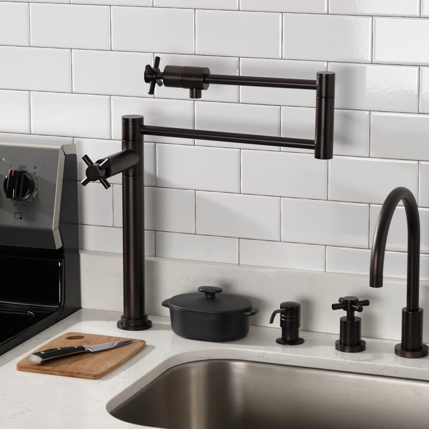 Kingston Brass KS4703DX Concord Deck Mount Pot Filler Faucet, Antique Brass on countertop with kitchen appliances.