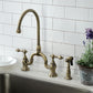 Kingston KS7793ALBS English Country Bridge Kitchen Faucet with Brass Sprayer, Antique Brass in a kitchen setting