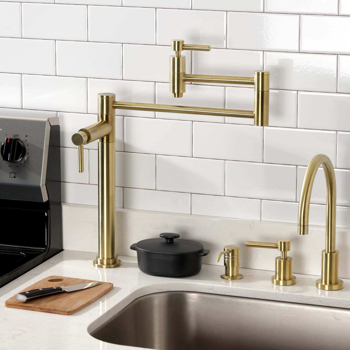 Kingston Brass KS870DLAC Concord Deck Mount Pot Filler Faucet, Antique Copper in a modern kitchen setup.