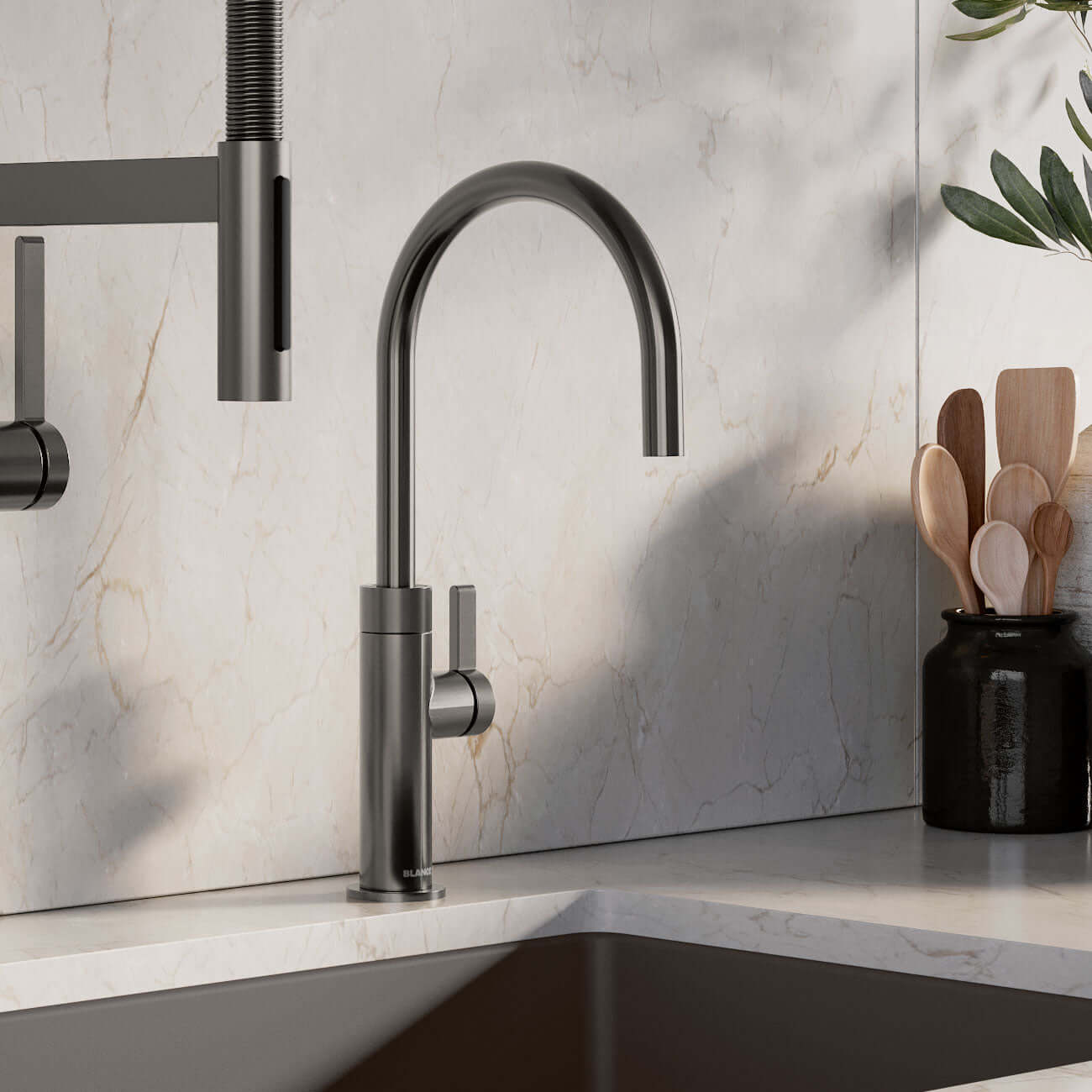 BLANCO Culina II High Arc Beverage Faucet Compatible with Reverse Osmosis Systems in modern kitchen setting.