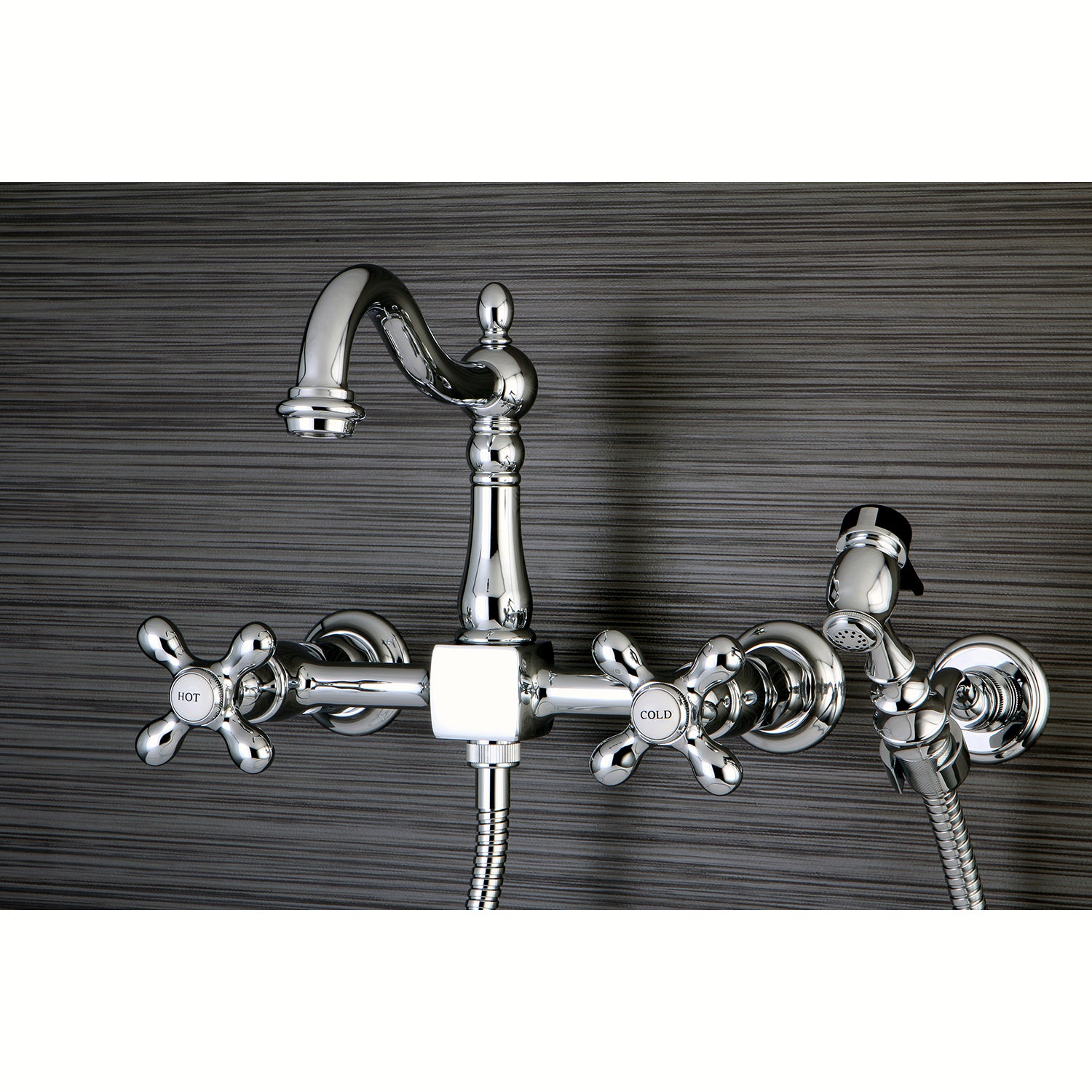 Kingston KS1263AXBS Heritage Two-Handle Wall Mount Bridge Kitchen Faucet with Brass Sprayer, Antique Brass