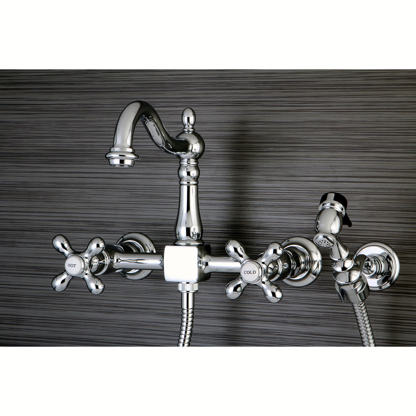 Kingston KS1263AXBS Heritage Two-Handle Wall Mount Bridge Kitchen Faucet with Brass Sprayer, Antique Brass