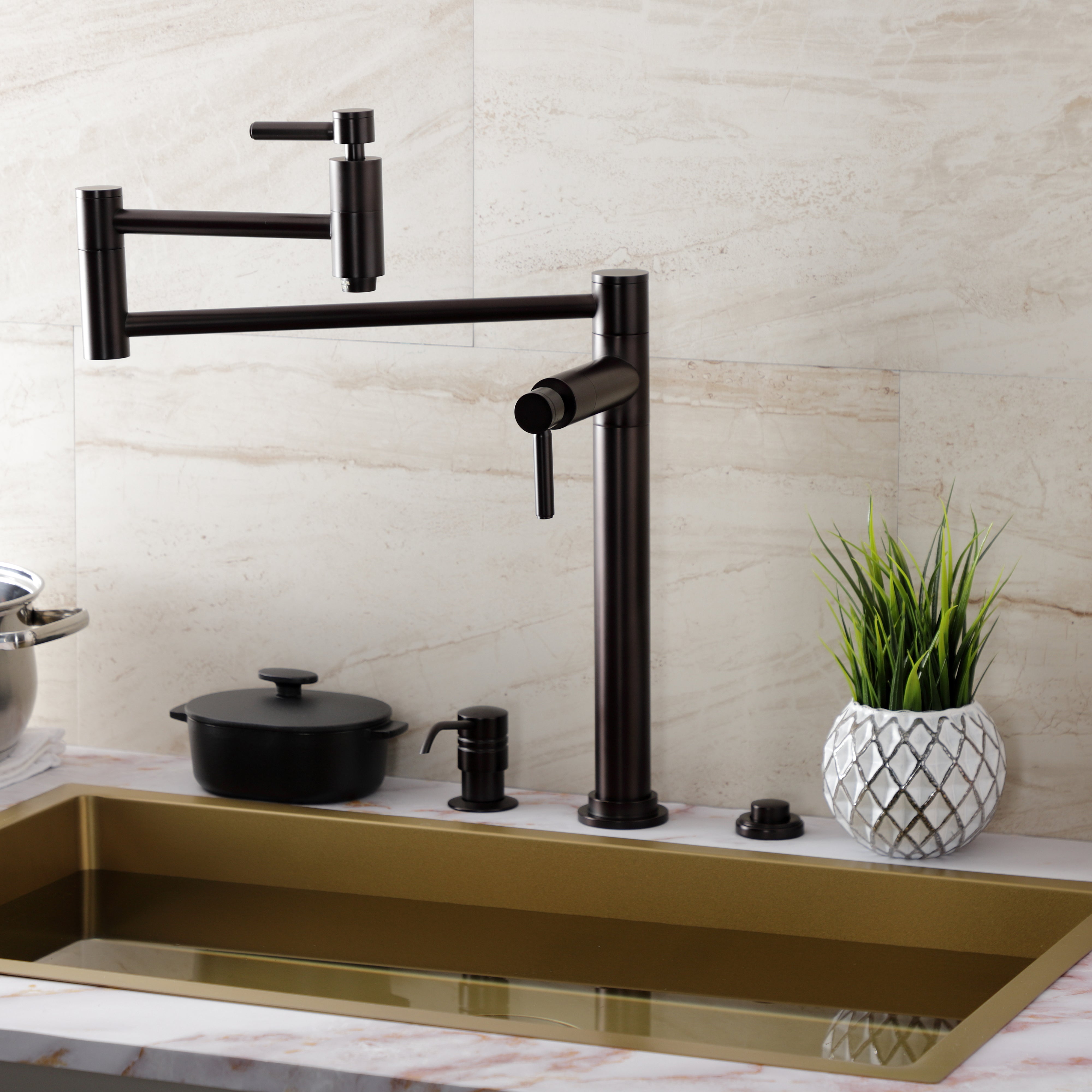 Kingston Brass KS870DLAC Concord Deck Mount Pot Filler Faucet, Antique Copper design in a modern kitchen setting