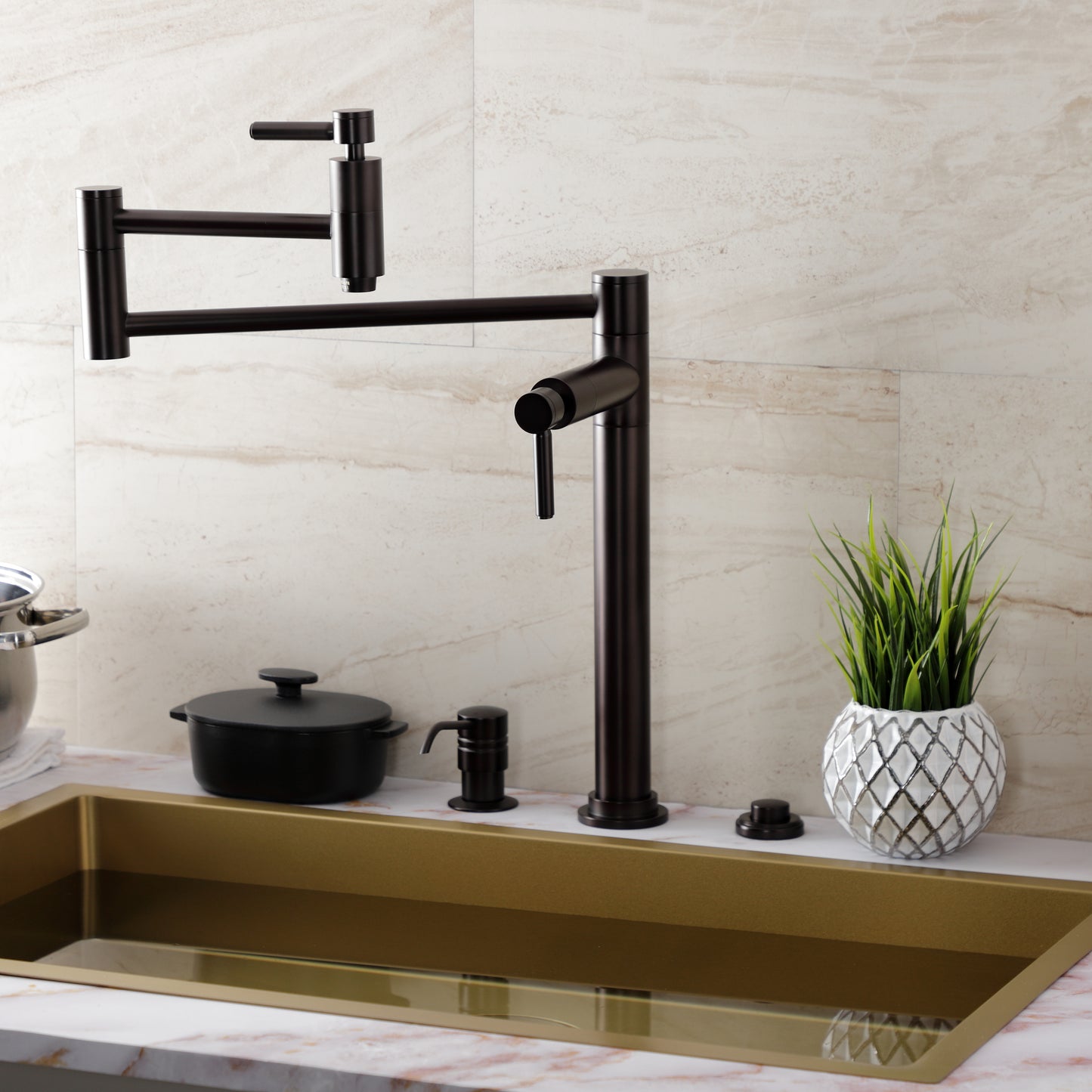 Kingston Brass KS870DLAC Concord Deck Mount Pot Filler Faucet, Antique Copper design in a modern kitchen setting