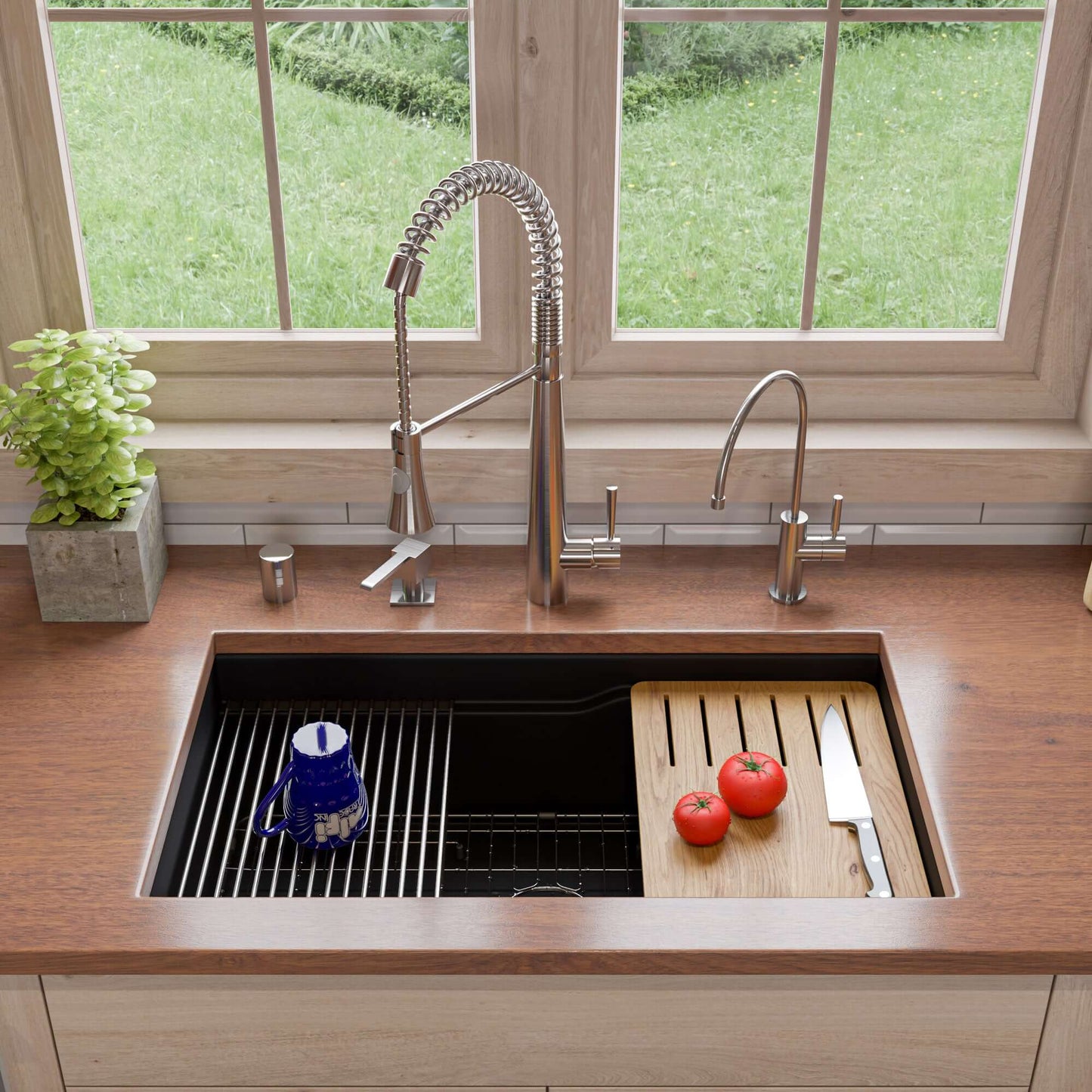 Alfi 32" Dual Mount Fireclay Workstation Kitchen Sink - ABFS3219SUD with accessories and stainless steel grid