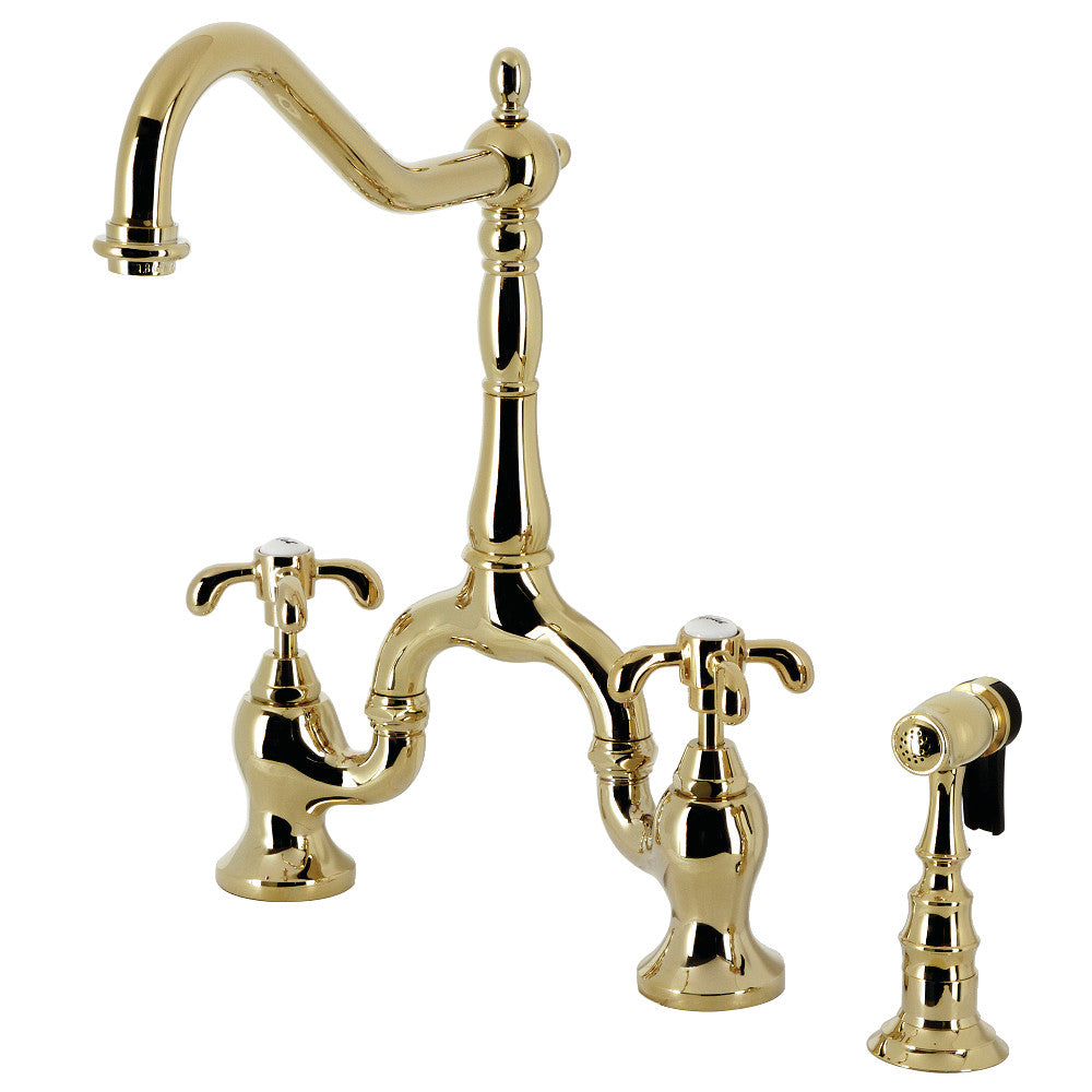 Kingston KS7753TXBS French Country Bridge Kitchen Faucet with Brass Sprayer, Antique Brass image showcasing polished brass finish and elegant design.