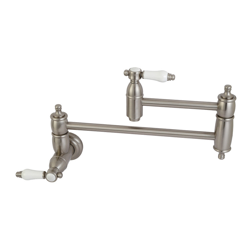 Kingston Brass KS3103BPL Bel-Air Wall Mount Pot Filler Faucet, Antique Brass with white porcelain levers