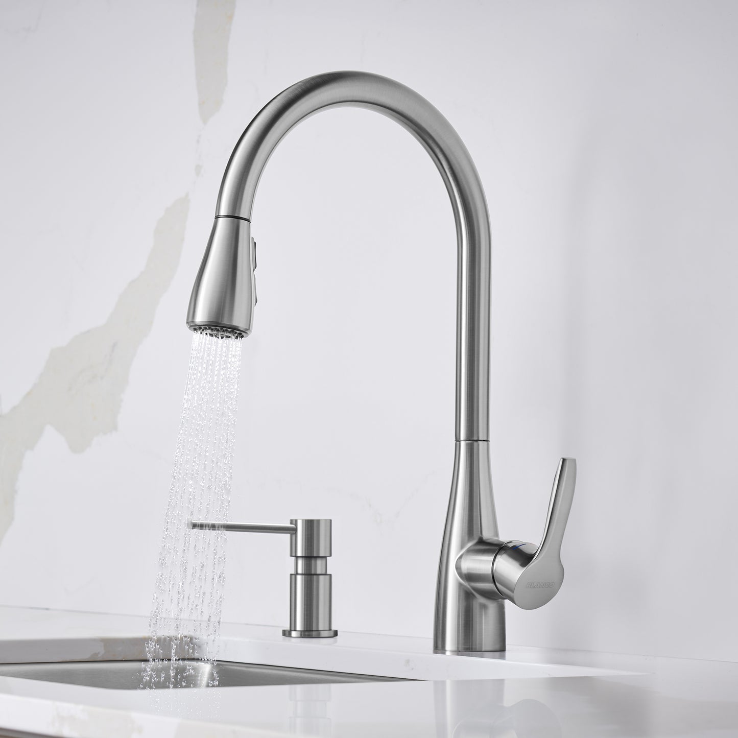 BLANCO Atura Pull-Down Dual-Spray Kitchen Faucet with high-arc design and dual spray functionality.