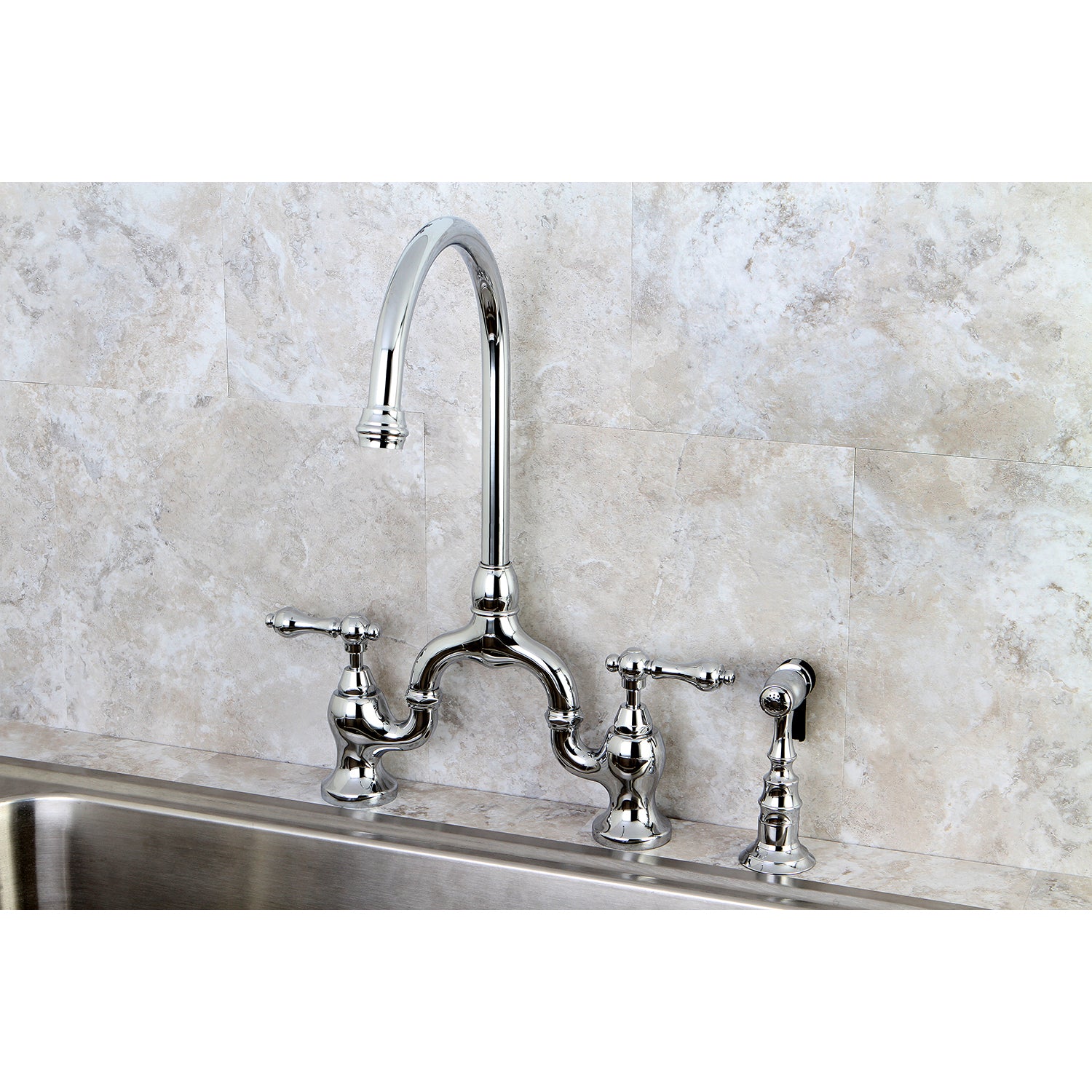 Kingston KS7793ALBS English Country Bridge Kitchen Faucet with Brass Sprayer, Antique Brass in a stylish kitchen setting.