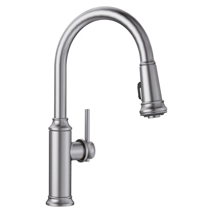 BLANCO Empressa High Arc Pull-Down Dual-Spray Kitchen Faucet in elegant metallic finish.