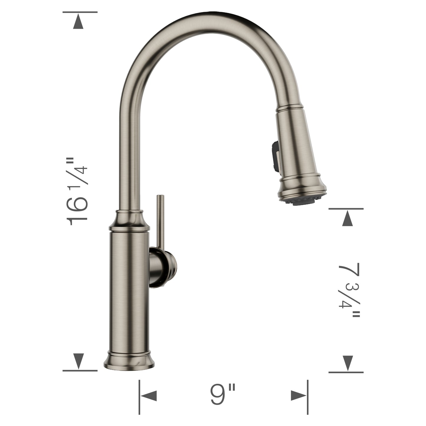 BLANCO Empressa High Arc Pull-Down Dual-Spray Kitchen Faucet dimensions showing spout height and reach.