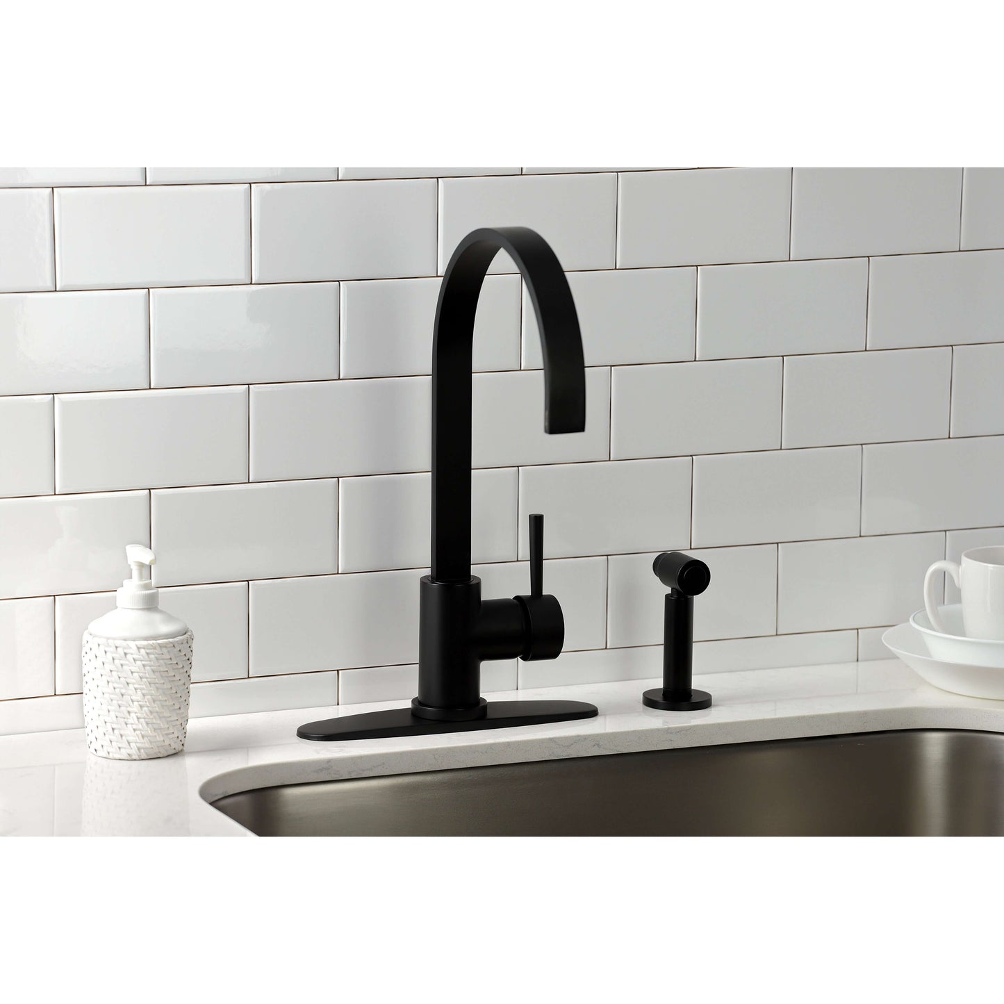 Kingston Brass LS8713DLBS Concord Kitchen Faucet with Brass Side Sprayer side view showcasing sleek black cylindrical design.