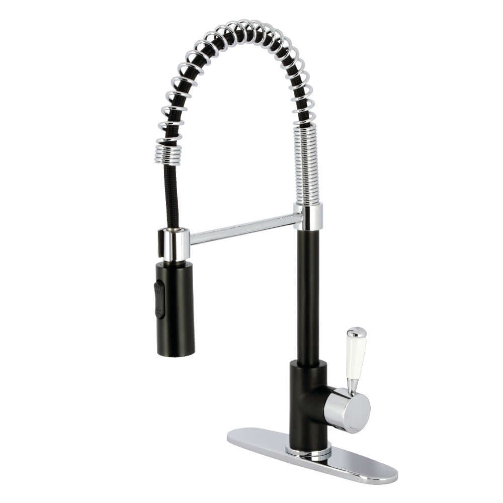 Gourmetier LS8778DPL Paris Single-Handle Deck-Mount Pre-Rinse Kitchen Faucet, Brushed Nickel side view with pull-down sprayer.