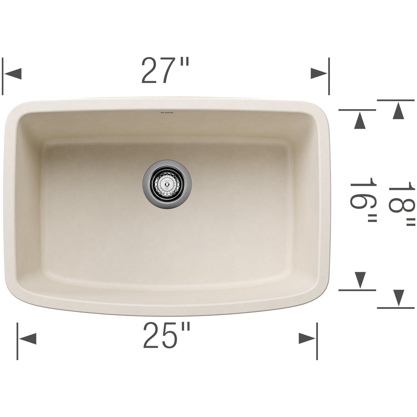 BLANCO Valea SILGRANIT 27" Single Bowl Undermount Kitchen Sink dimensions showing curved design and ergonomic features.