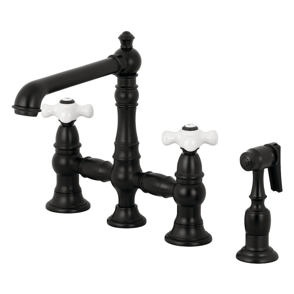 Kingston KS7277PXBS English Country Bridge Kitchen Faucet with Brass Sprayer, Brushed Brass in matte black finish.